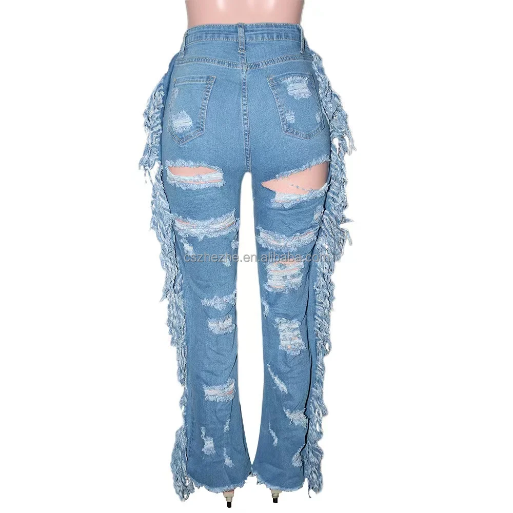 Zhezhe High Quality Ripped Denim Pants With Tassel Fringe Street Trendy