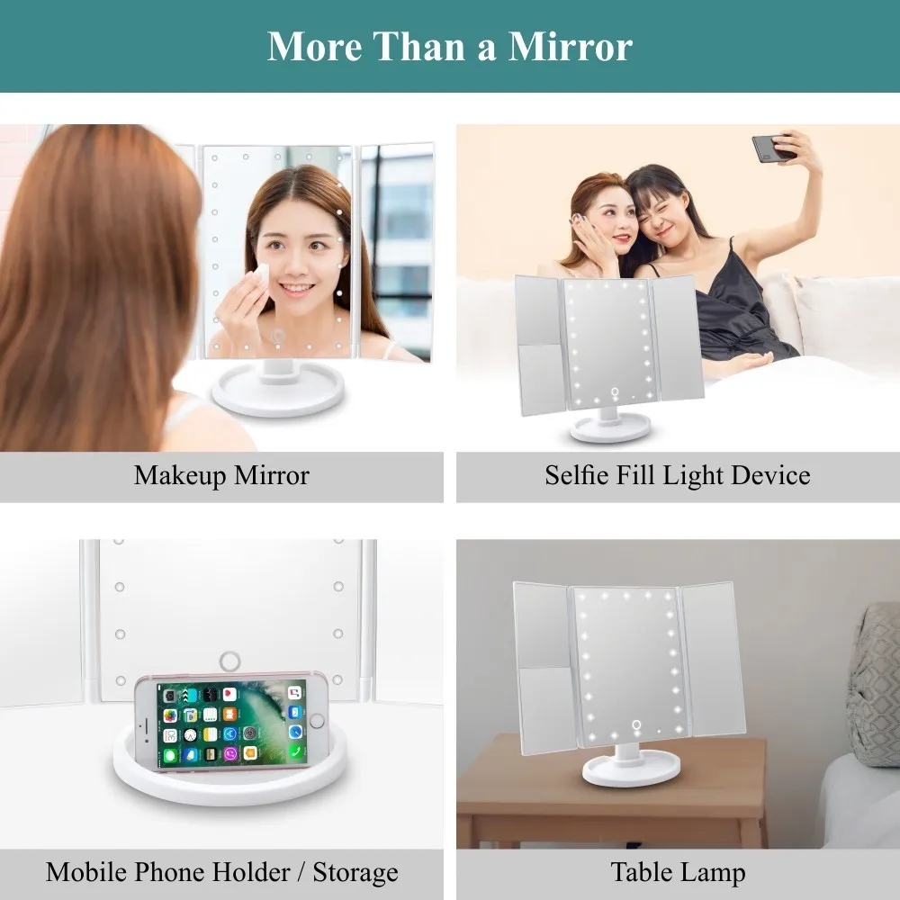 hot Three Trifold mirror Desktop Foldable Travel Vanity Portable Led Makeup Mirror With Led Light details