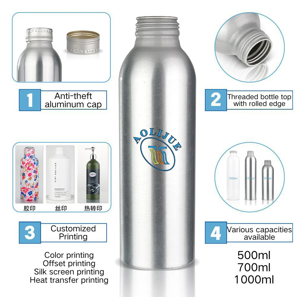 Recyclable Eco Friendly Round Leak Proof Aluminum Bottle 1l Beverage Screw Cap Empty Mineral Water Bottle 500ml