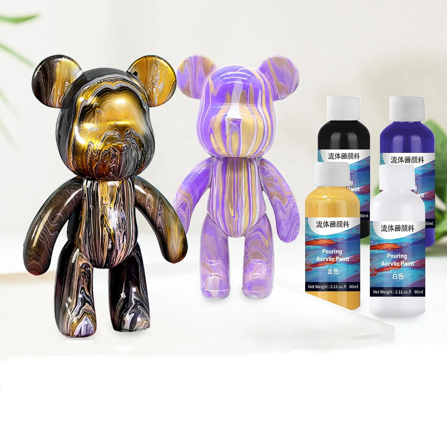 DIY Fluid Art Bear Key chain High Gloss Acrylic Paint Kit Set -  White-Pink-Yellow Kit