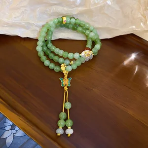 Beaded Bracelet with Enamel Butterfly Charm Multi Layer Buddhist Prayer Beads Bracelet Chinese Style Jewelry