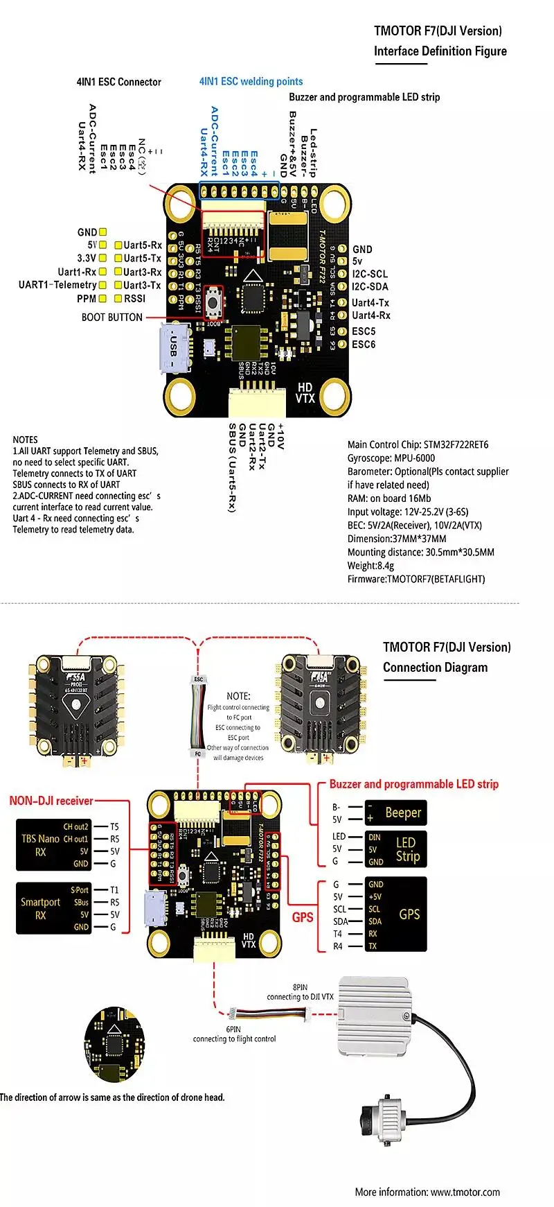 T-motor F7 Pro Flight Controller Hd Version F55a Ii Fly Tower 6s 4 In 1 ...