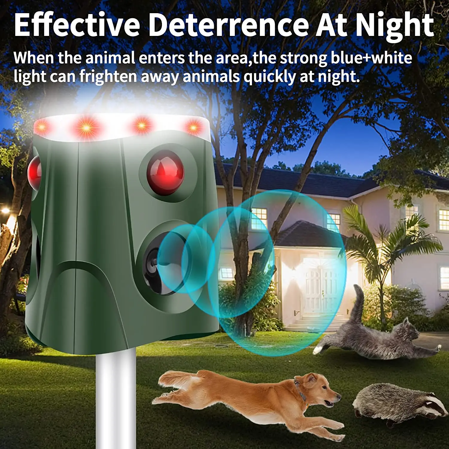 Top sale Wholesale Tri- Face Outdoor Solar Powered Animal Repellent Deer cat Monkey wild Pig bird pest control Cat Repeller 360 details