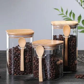 800ml 1000ml 1200ml airtight square glass storage jar with wooden spoon