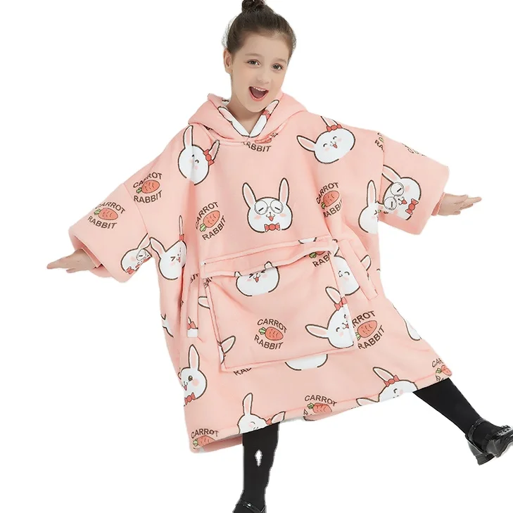 OEM Kids Hooded Blankets Oversized Custom Blanket Sweatshirts for Kids Super Soft Fluffy Sherpa Flannel Hoodie Blankets