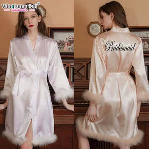 Wholesale Wedding Morning Kimono Bathrobe Custom Logo Bridesmaids Feather Bridal Robes Tulle Night Robe Women Elegant