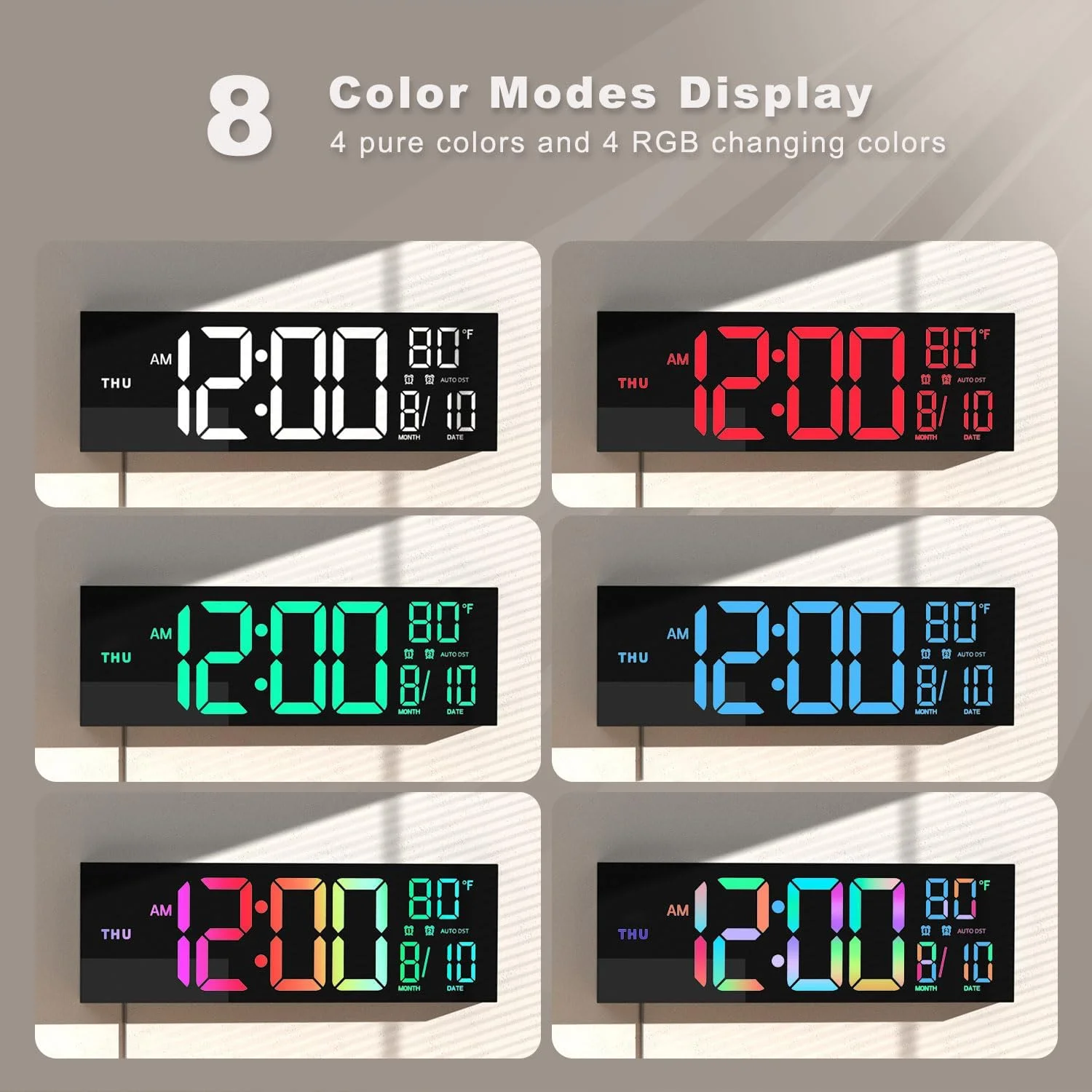 Large 16-inch LED digital clock, remote control, adjustable brightness, temperature and humidity display, ABS for living room