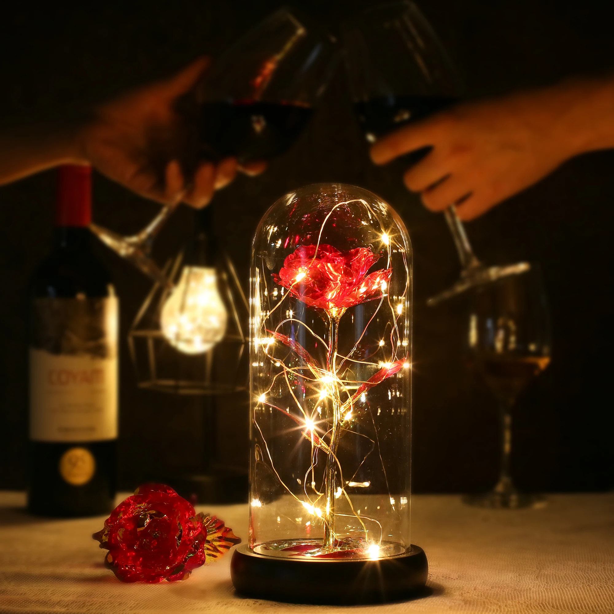 Preserved flower in glass dome with wooden base with led light for home decoration manufacture