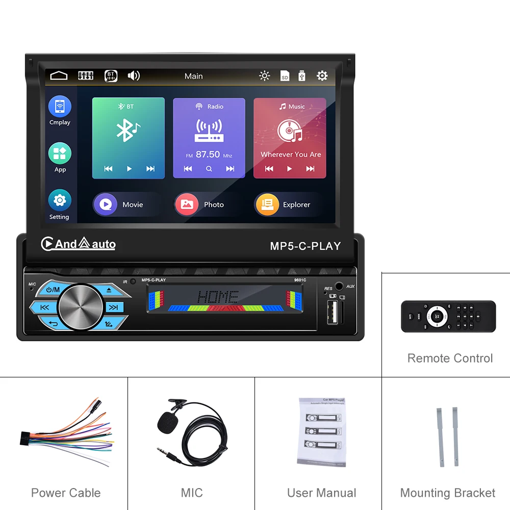 Podofo Estéreo de coche de Apple Carplay de un solo DIN con cámara de  respaldo Bluetooth AHD, pantalla táctil abatible de 7 pulgadas, reproductor  de