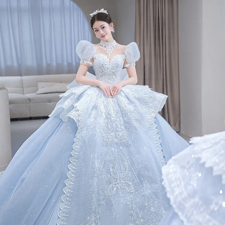 Blue Bubble Sleeve Wedding Dress 2024 New Bride Sweet Princess ...