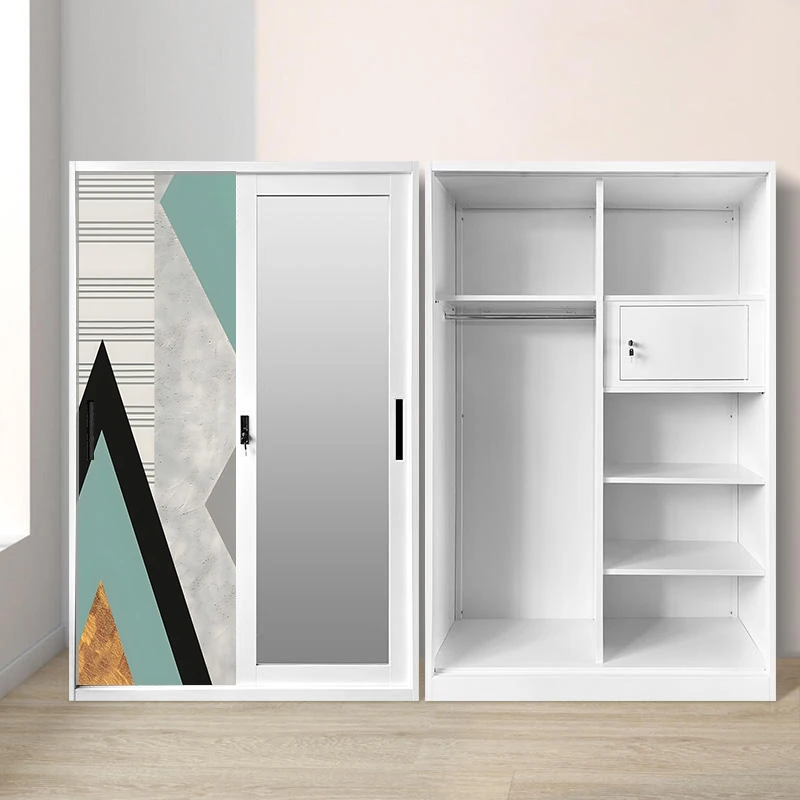 Steel Sliding Wardrobe with Full-Length Mirror and Patterned Door Panels