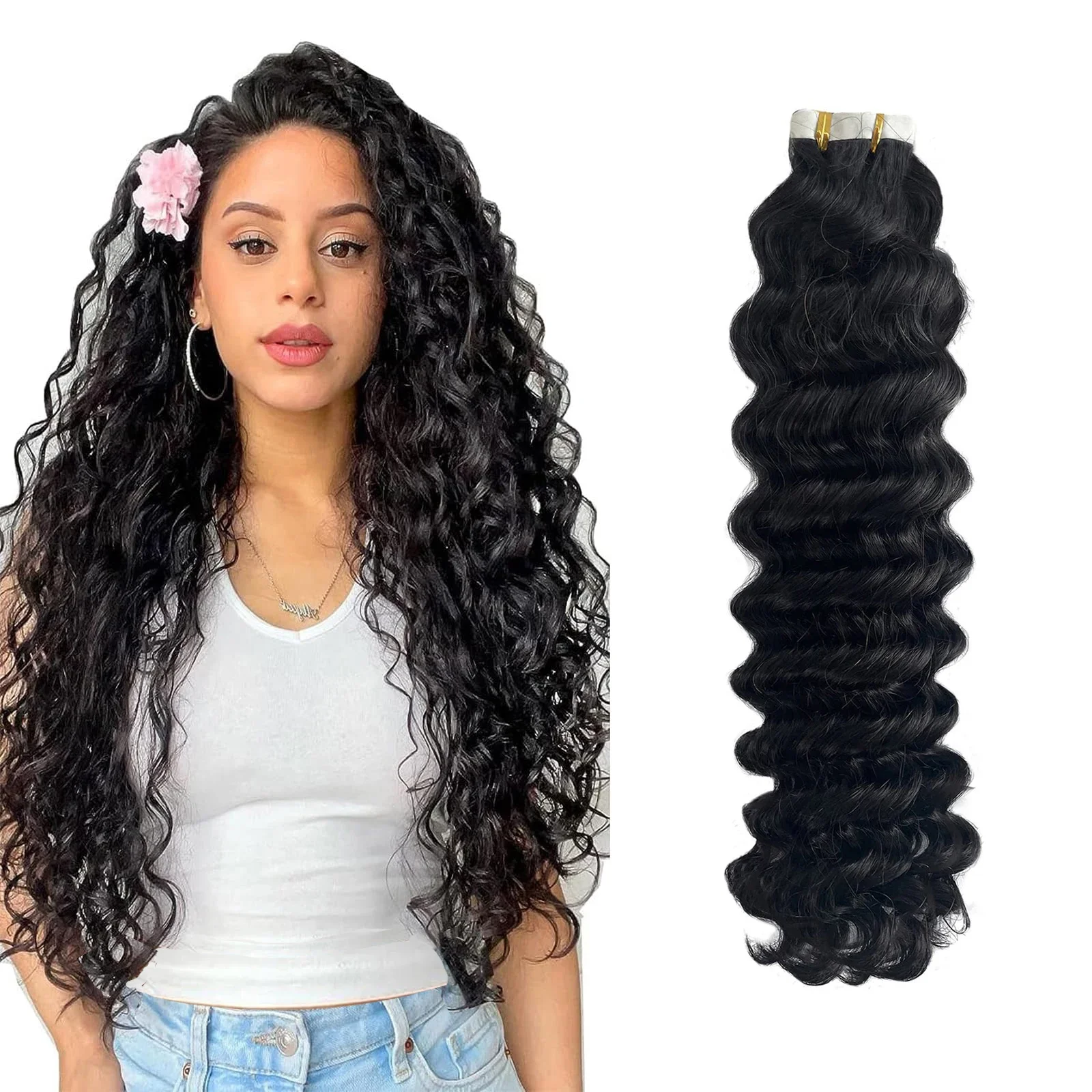 Deep Wave Tape In Hair Extensions Human Hair Remy Natural Color 20Pcs/Pack Skin Weft Invisible Tape_voghion.com