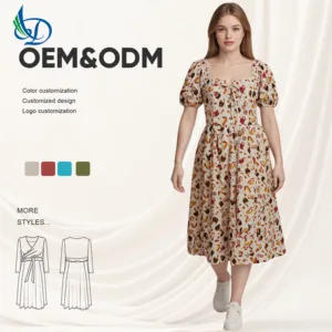 Indian Handmade Medium to Long Women's Floral Print Breathable Button Style Comfortable Natural Dress for Summer