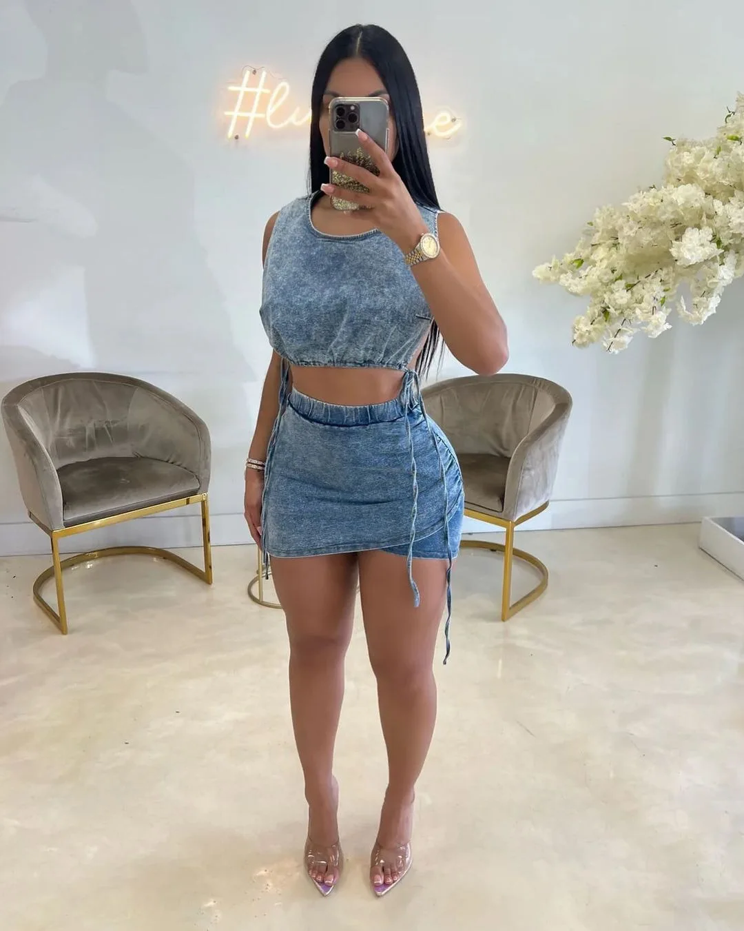 Charm Trending Products New Arrivals Two Piece Set Women Denim Clothing Denim Crop Top Denim Mini Skirt Set Women factory