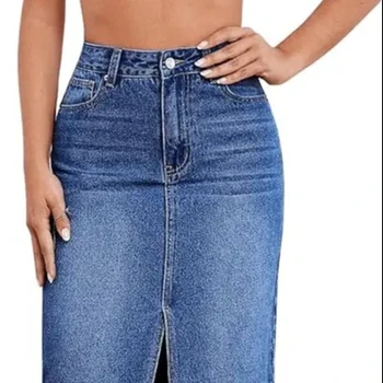 woman's long skirt jeans front open spilt denim light blue color for 2024 new arrival