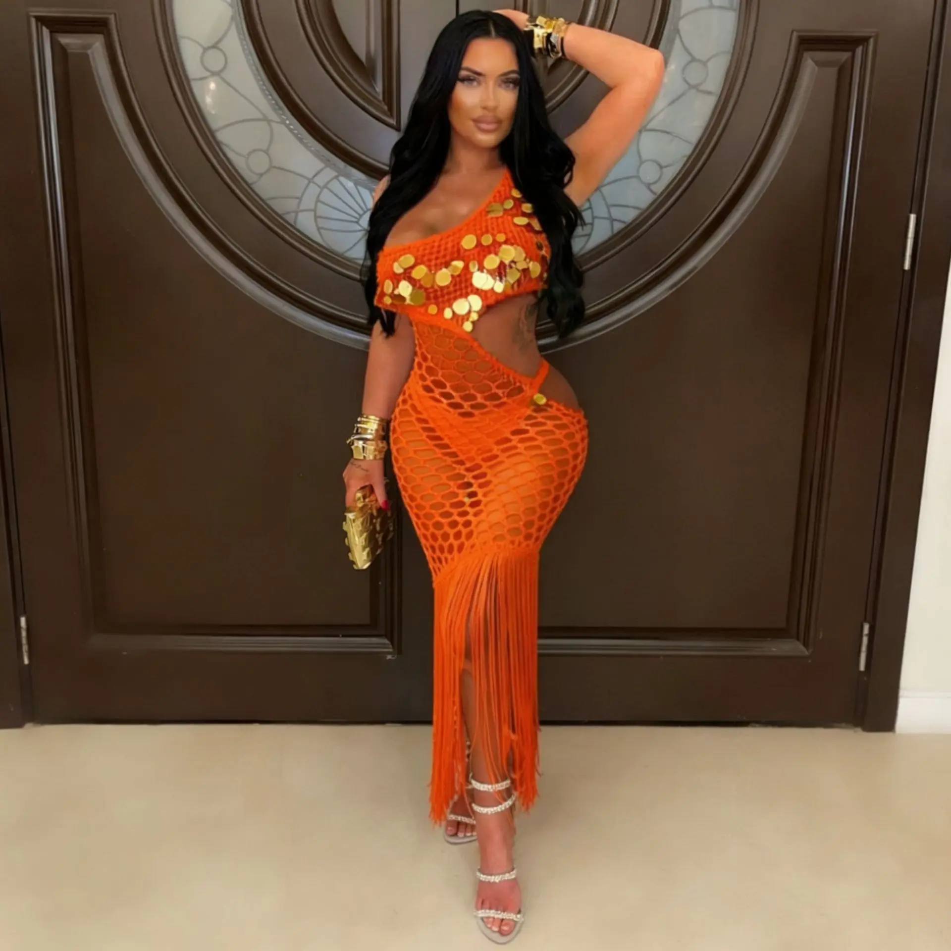 orange club dress Women's Sexy Bodycon Party Dresses Spaghetti Strap Ruched Mini Club Dress