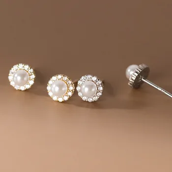 fashion jewelry 925 sterling silver earrings round pearl diamond zircon gold plated stud earrings for women