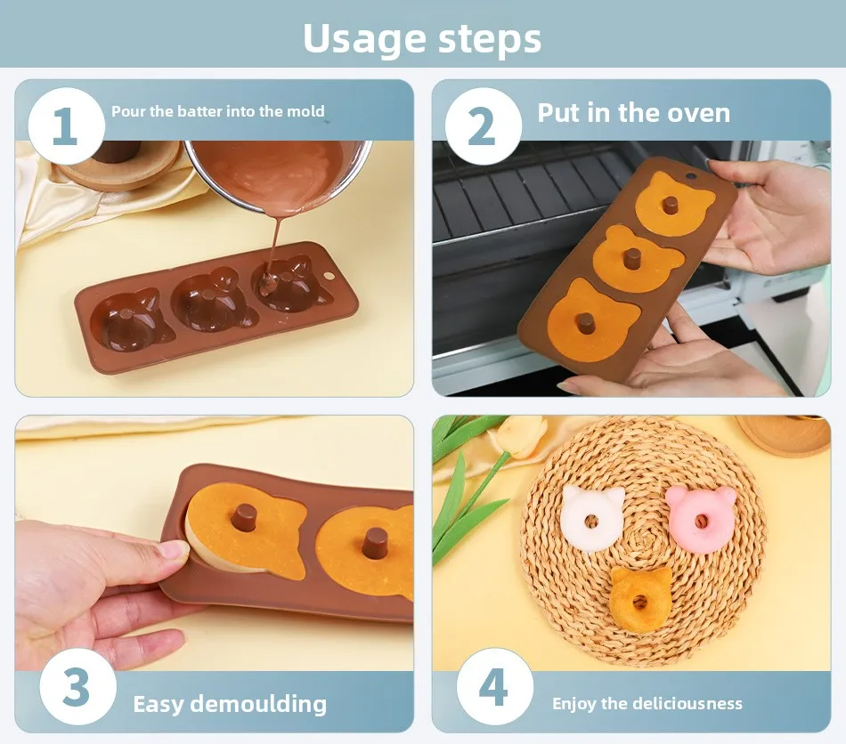 Custom Food-Grade Silicone 3-Linked Round Donut Mold Easy Release Oven Cake Baking Tool for Cookie and Cake Baking supplier