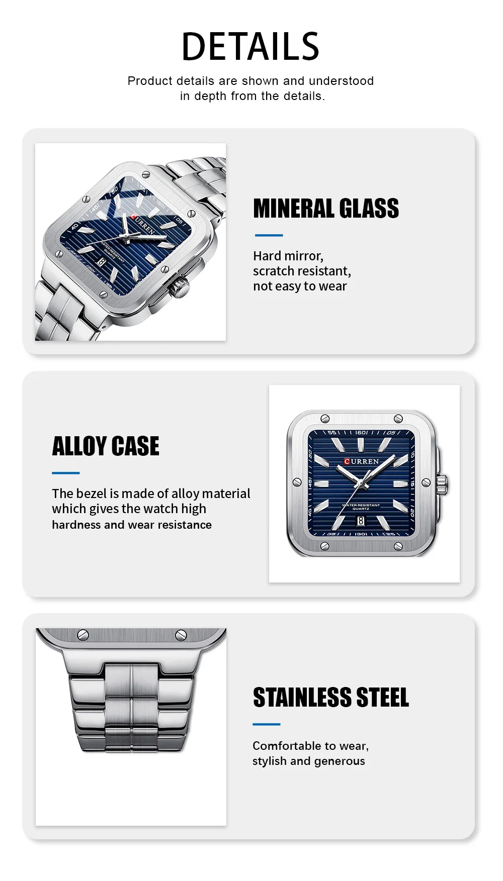 CURREN 8479 Luxury New Model Wrist Watch Quartz Waterproof Square Stainless Steel Strap Luminous Hands Business Watches for Men