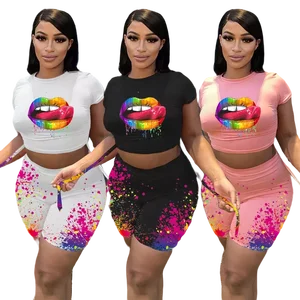 Hot Sale Sexy Fashion Two Piece Casual Shorts Lip Print Plus Size Summer