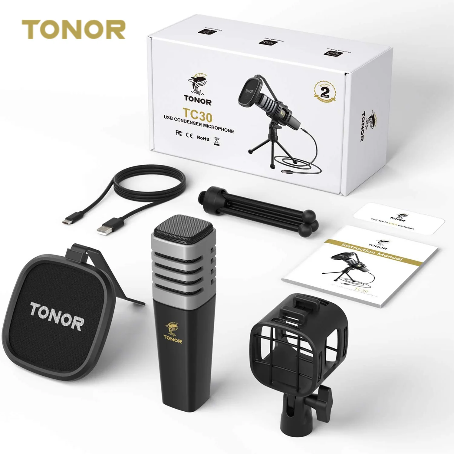 2025 TONOR TC30 Cardioid Condenser Mmicrophone for PC PS4 PS5 with Tripod Stand