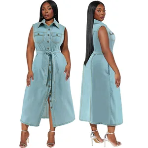 Trendy Plus Size Women Denim Dresses Women Casual Sleeveless Lapel Light Blue Long Jean Dresses Women Maxi Dress Ladies