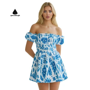 Customize Women White Blue Floral Print Off Shoulder Mini Dress Ruffled Sleeves Ruched Bust Elastic Waist Sweet Casual Dress