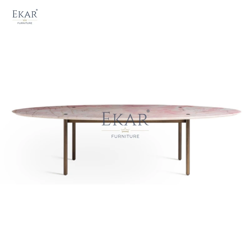 Modern Sleek Oval Dining Table with Pink Stone Stainless Steel Base for Kitchen Living Room Restaurant Use; Hallway Furniture