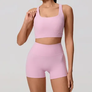 2 Piece Sportswear Fitness Gym Workout High Waist Biker Shorts And Sports Bra Set For Women