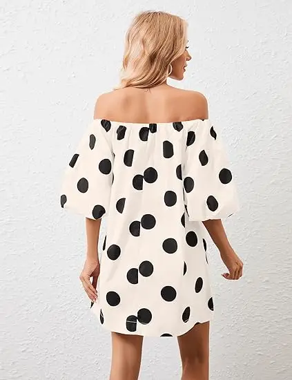 cute short loose dresses Summer Off-Shoulder Polka Dot Mini Dress Bubble Sleeve Loose Flowing Cute  Doll Dress Casual Loose Short Dress| Alibaba.com