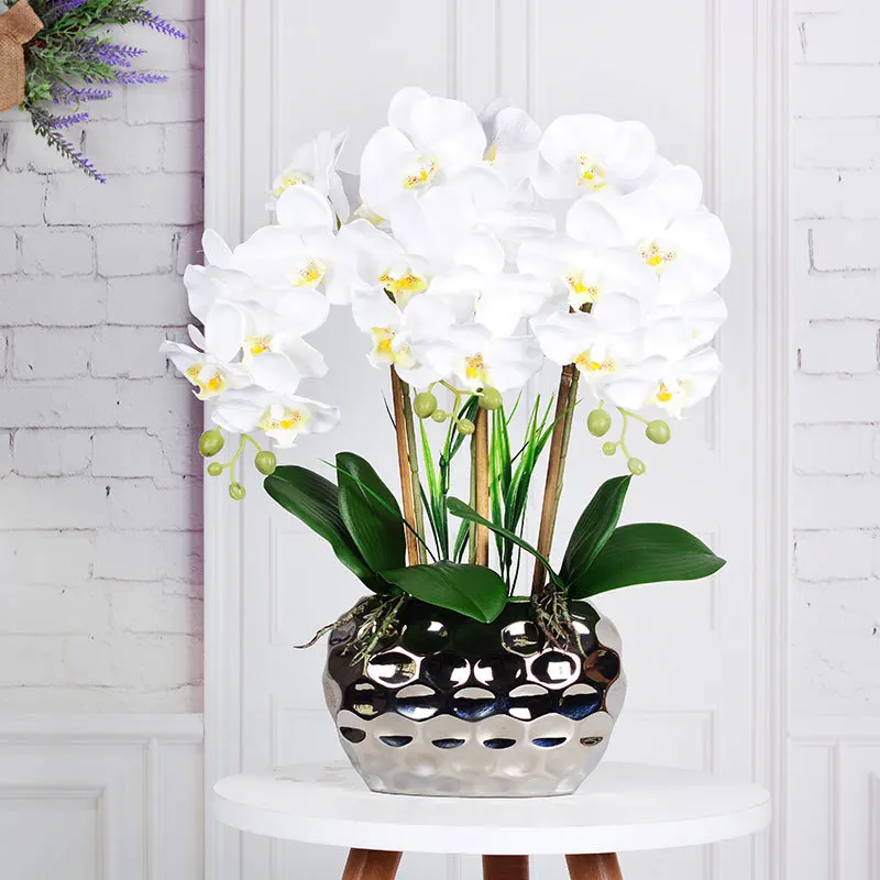 YSZL Faux Orchid In Vase Tall Artificial Orchid In Ceramic Vase Tall Silk Orchids With Stems Real Look Potted Fake Phalaenopsis Arrangement