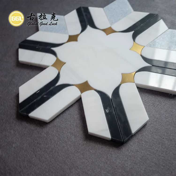 Water Jet Black and White Flower Shaped Marble Mosaic Tile Mix Brass Natural Marble Mosaic for Kitchen Splash Tile