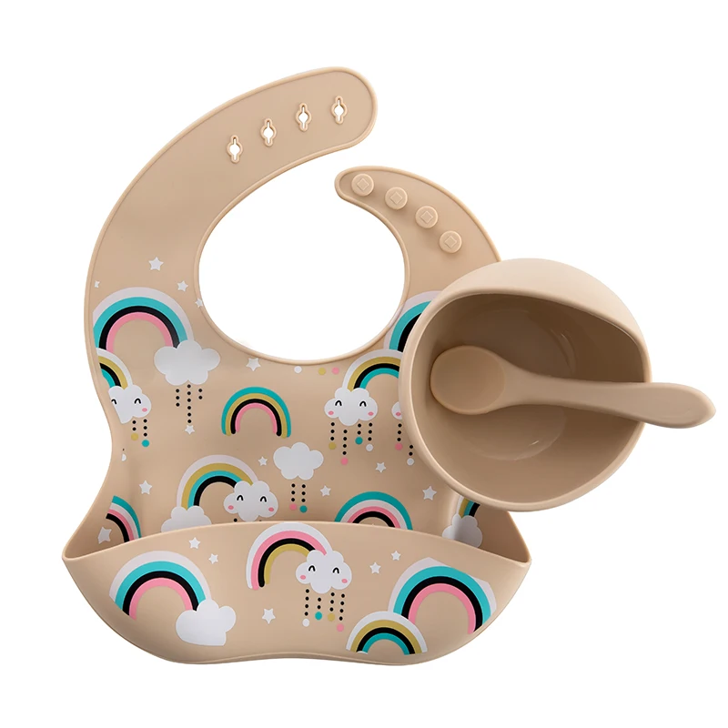 Customizable simple khaki silicone baby feeding set bib spoon bowl three-piece set Easy to clean details