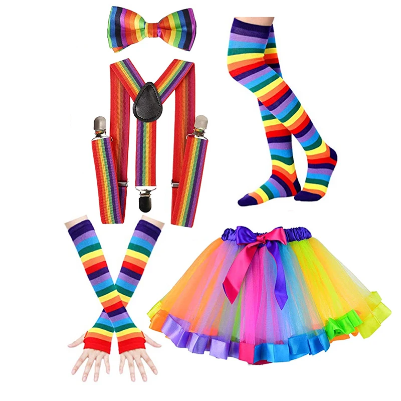 Traje De Neón Para Fiesta De Los 80 Para Mujer,Conjunto De Cosplay Con  Rayas Del Arcoíris,Calentador De Brazo,Calcetines Largos,Tirantes De  Pajarita,Falda De Tutú - Buy 80s Arco Iris Traje,Calcetines Del Arco Iris, Fiesta