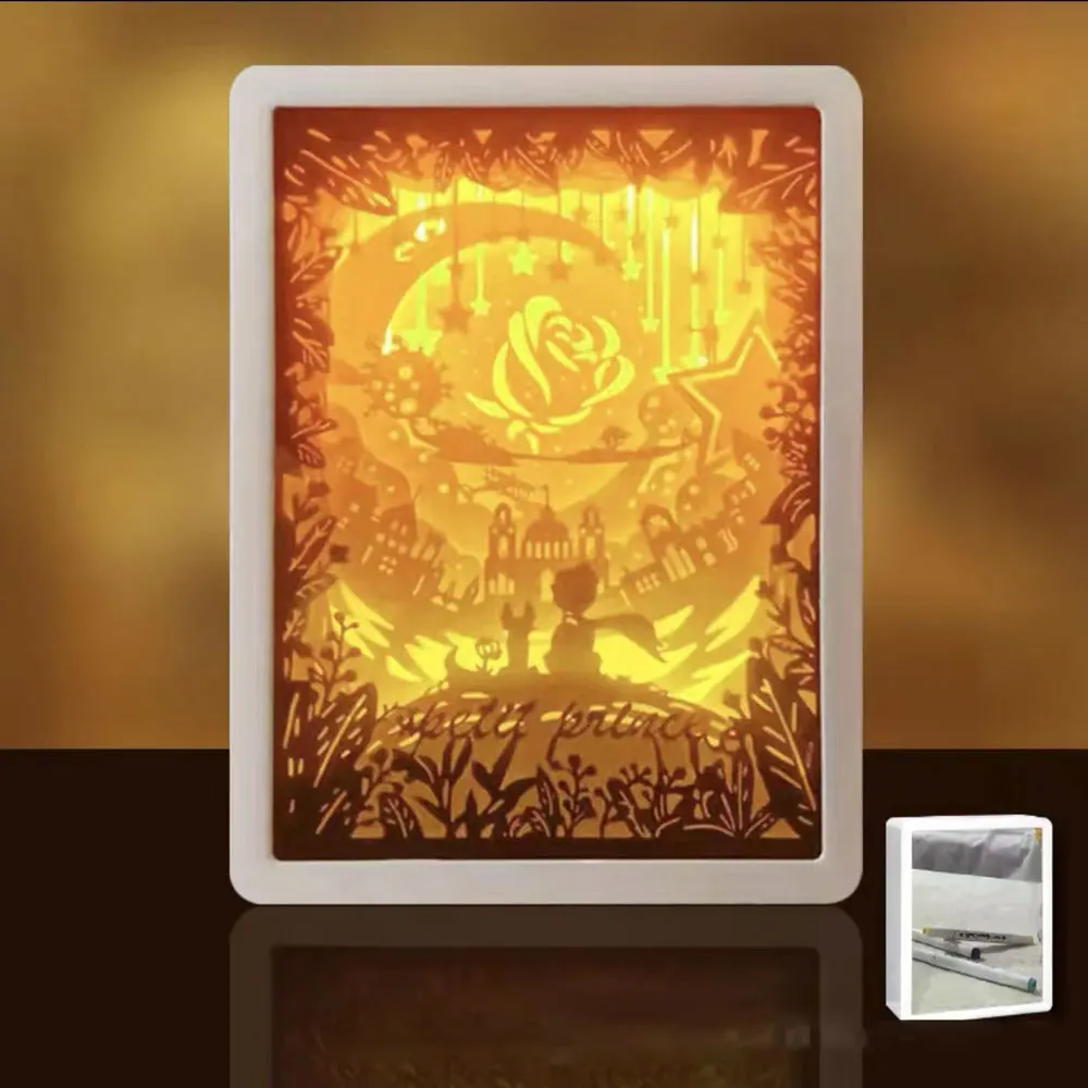 LED Rechargeable Rectangle 3D Mirror Paper Carved Night Light for Bedroom Decoration Desk Lamp
