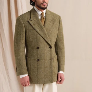 100% Wool Men's blazer High Quality Green Plaid Vintage Men's Suit Jacket Double Breasted Thick Suit for Men