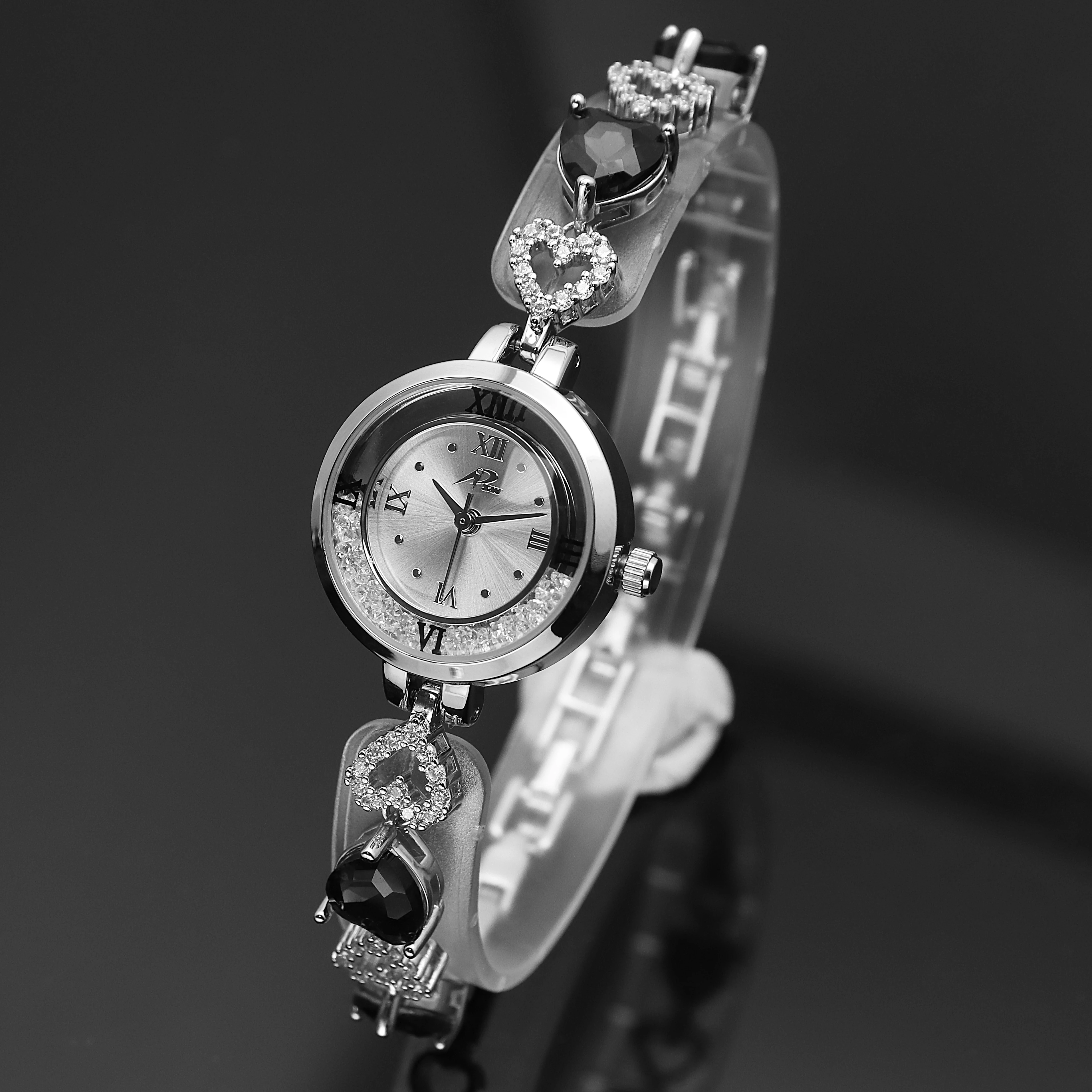 Women’s quartz watch 925 sterling silver and onyx heart shape stones Japan movem A dainty #Seiko Tissé with a subtle nacre (mother-of-pearl  main image 3