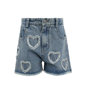 Customizable Summer New American Girl Denim Shorts Heart Rhinestones Retro Chic Perfect for Fashion Events