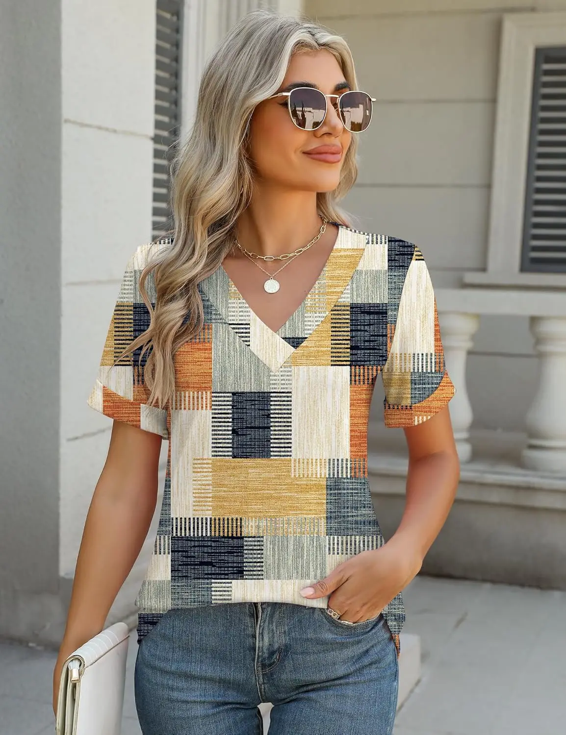 Camisetas personalizadas de manga corta con cuello en V para mujer