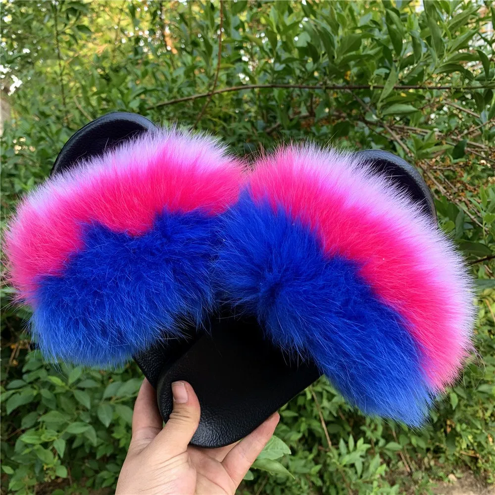 Дизайнерские оптом красочные коричневые пушистые меховые сланцы тапочки из натурального Лисьего меха для