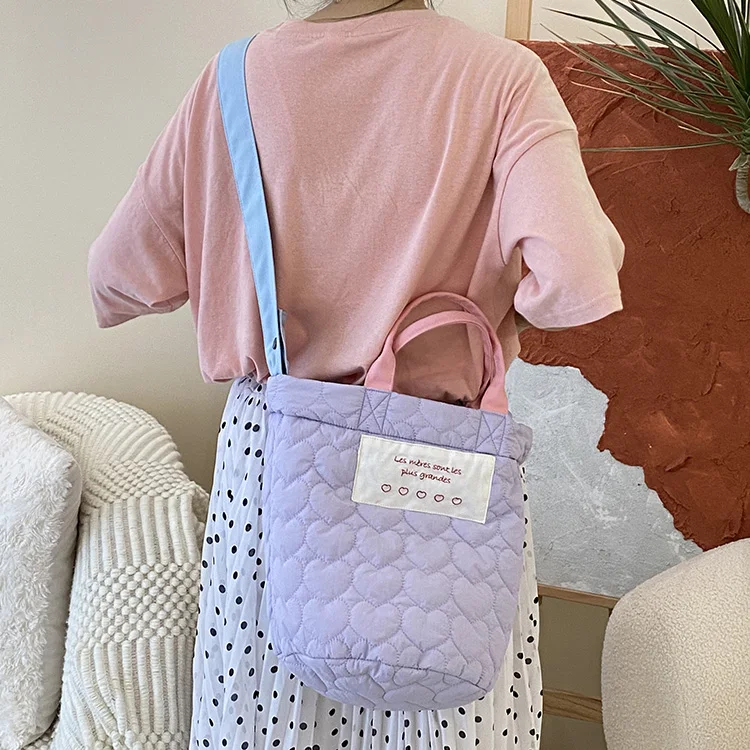 Women's Fashion Winter Warm Lightweight Quilted Puffy Handbag Nylon Quilted Puffer Crossbody Bag with Two Straps Open Closure