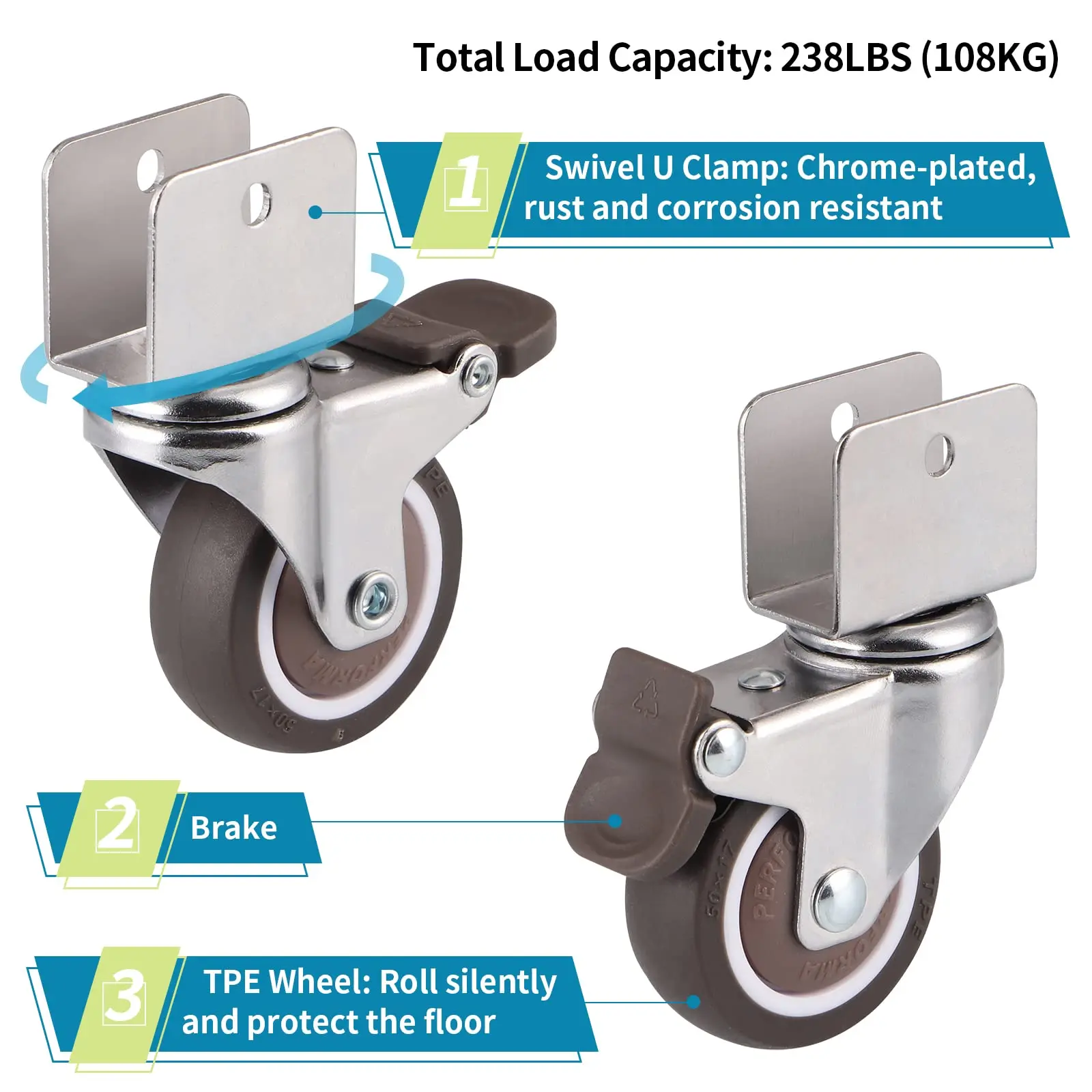 U Shape L Shape Side Mount Casters Furniture Caster Double Bearing Swivel TPR/PU Office Desk Caster Wheel With Brake