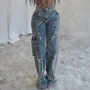 GX628 Women's Fashion Street Wear Pocket Start Design Straight Washable Jeans Retro Casual Cargo Denim Pant