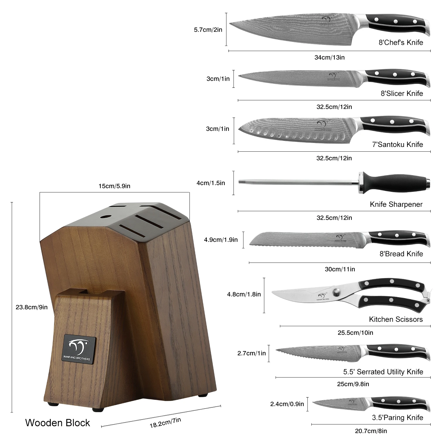 Damascus Kitchen Knife Set, 9 pieces Chef knife Set with Comfortable Ergonomic ABS Handle