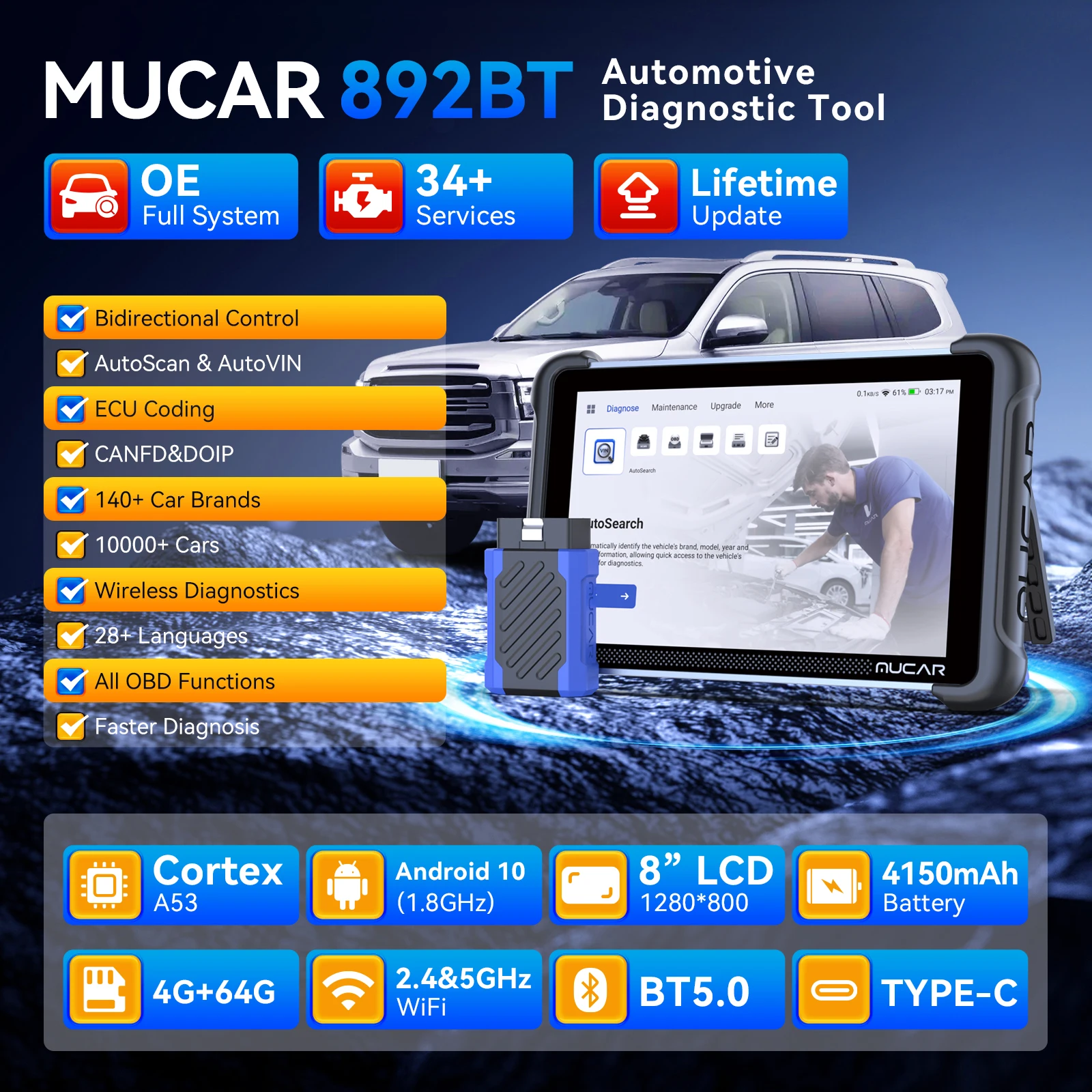 Herramienta de escaneo bidireccional asistida por IA MUCAR 892BT Escáner OBD2 de sistema completo Codificación de ECU 34 servicios CANFD DOIP Actualización gratuita de por vida_voghion.com