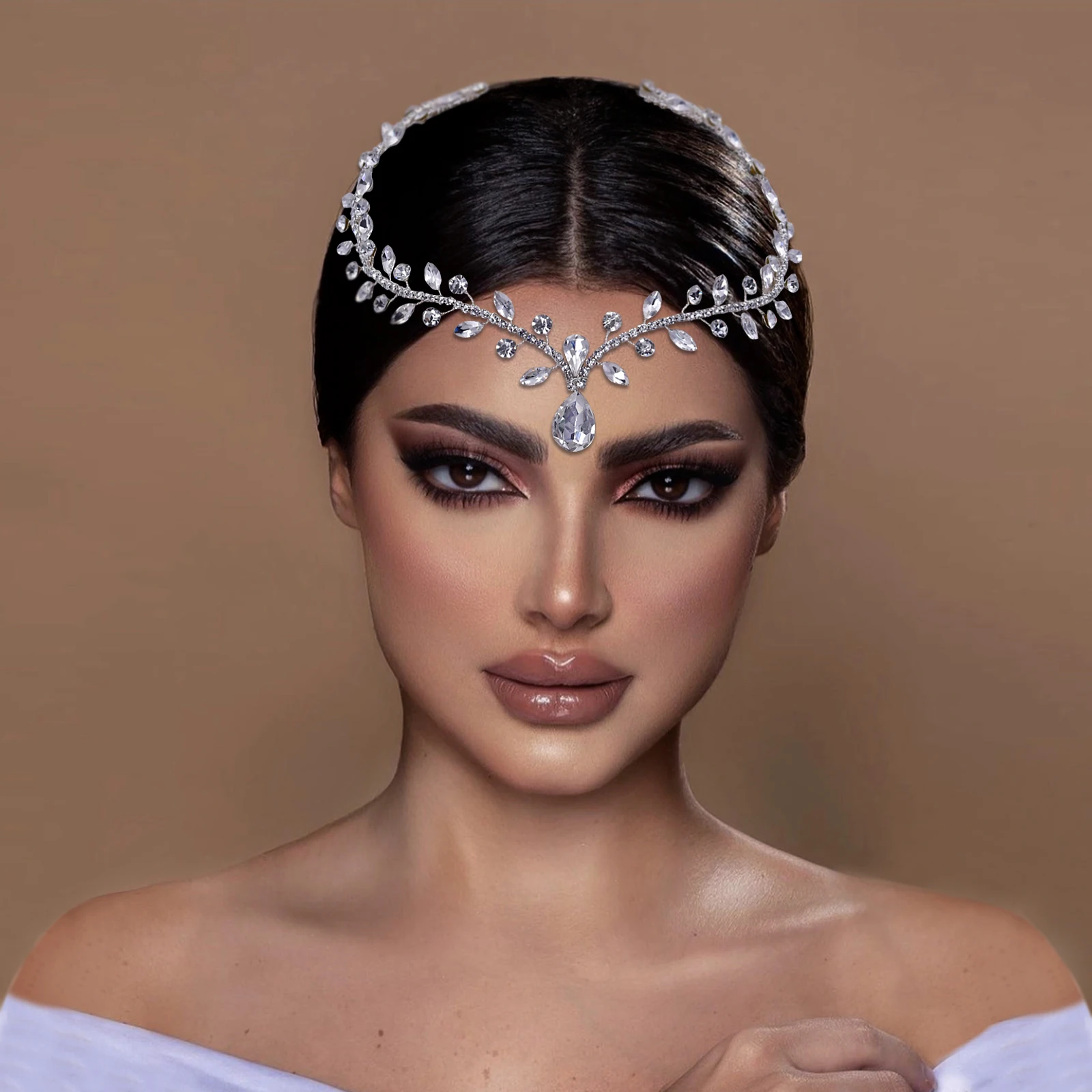 Bridal Rhinestone Headband Hair Comb Teardrop Headpiece Forehead Chain Teardrop Crystal Rhinestone Tikka Hair Comb Head Chain  main image 2