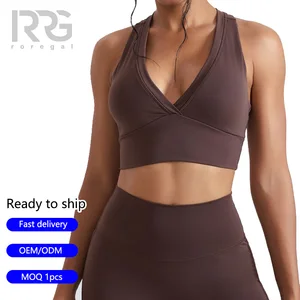 Roregal High-Elasticity Shock-proof Quick Dry Fitness Running Workout Women's V-Neck Racerback Sports Bra