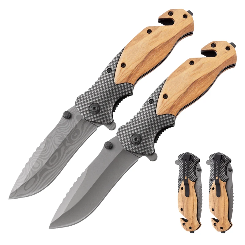 X50 Custom Damascus Laser Pattern Steel Knife Blade with Olive Wood Handle Outdoor Camping Survival Hunting Camping Pocket Knife