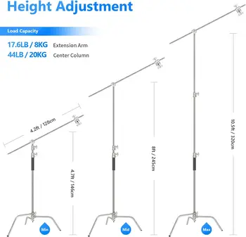 NEEWER Pro 100% 320cm Stainless Steel Heavy Duty C Stand with Boom Arm Photography Light Stand detail image