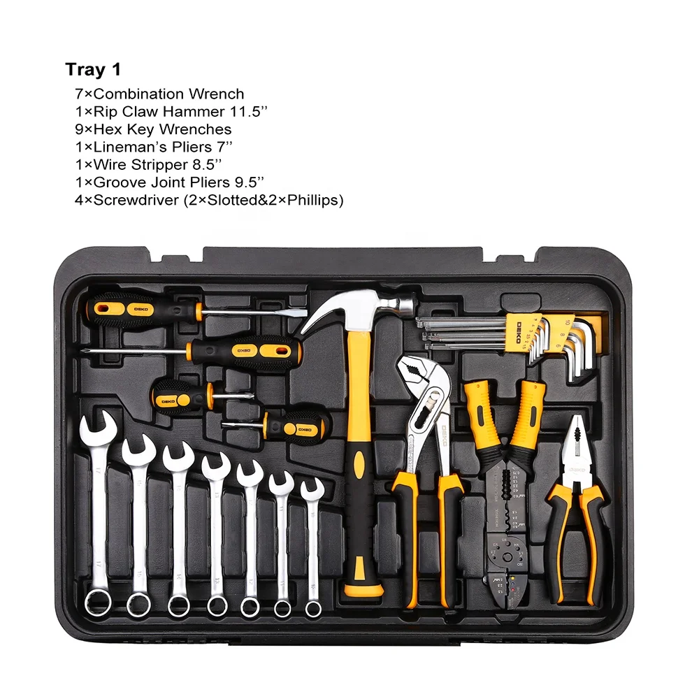  DKMT258 Hand Tool Set Rolling Tool Box Metric Socket Wrench Hardware Tools Storage Case Socket Wrench Screwdriver Knife